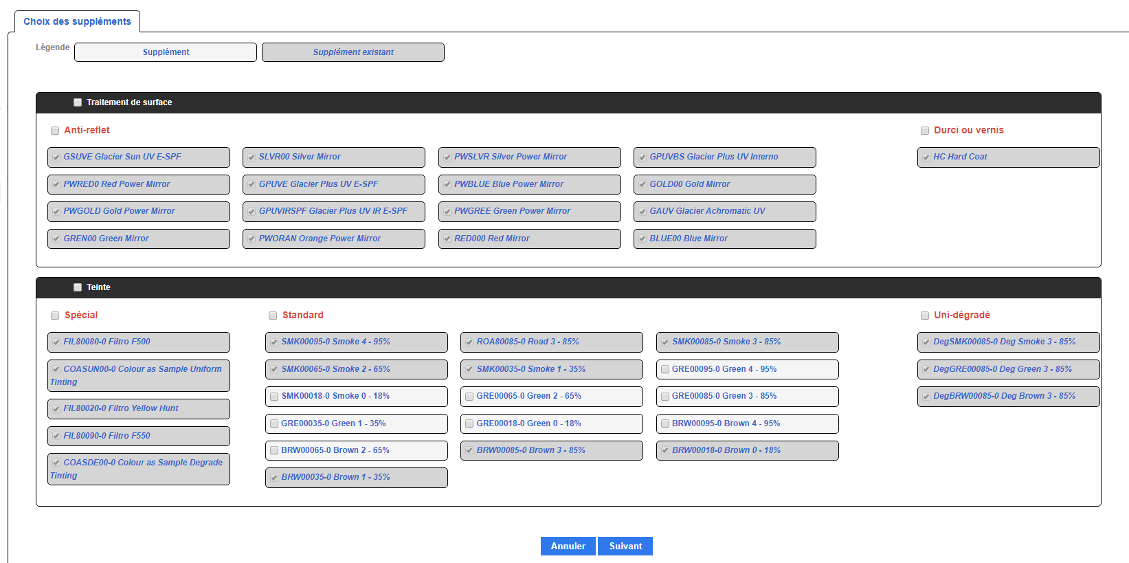 Example of choice of options in iWiCatalog, our international optical catalog